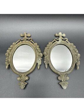 VTG 6” Ornate Gold Bronze Wall Hanging Mirror Set Floral Bow Rocco Gallery Italy